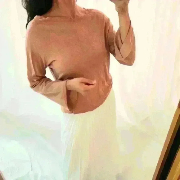 EILEEN FISHER lyocell mock brown tan beige Pullover Sweater long bell sleeve - Picture 1 of 10